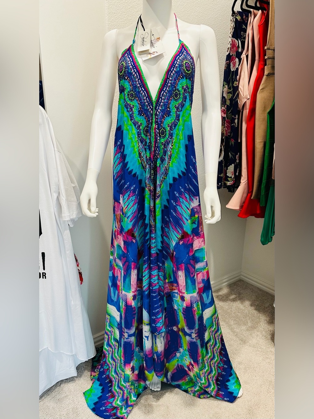 NWT Shahida Parides Blue Multiway Maxi Dress Convertible Silk Crepe One Size - Picture 7 of 9